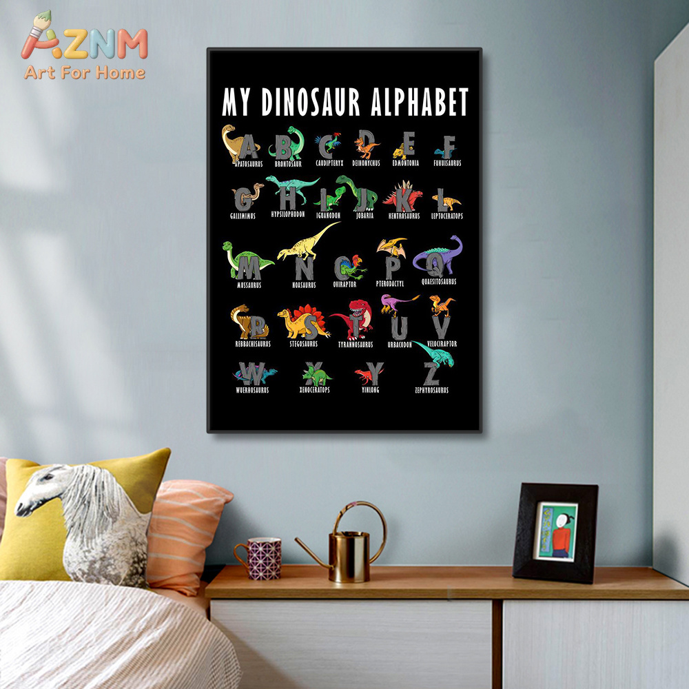 Kids Education Background - AZNM Dinozor Alfabe Tuval Duvar Sanat